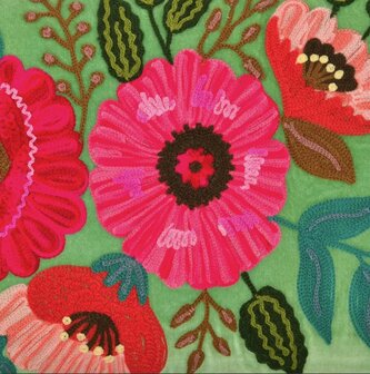 Aqua velvet kussen met roze bloemen - 35x70