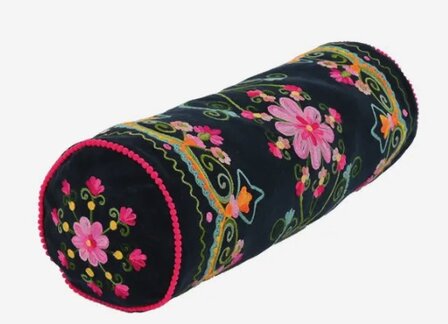 Velvet Bolster met handgeborduurde bloemen - donkerblauw 52x18