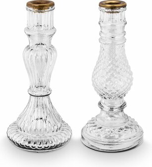  Set of 2 clear glass candlesticks with relief. 20 cm