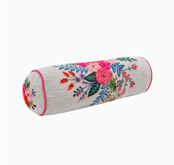 Bolster -  Rolkussen met hand geborduurde bloemen- 50x18 cm