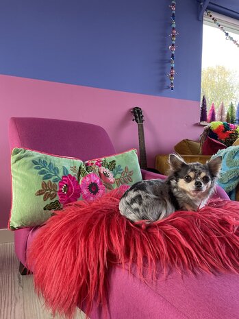 Aqua velvet cushion with pink flowers 35x70