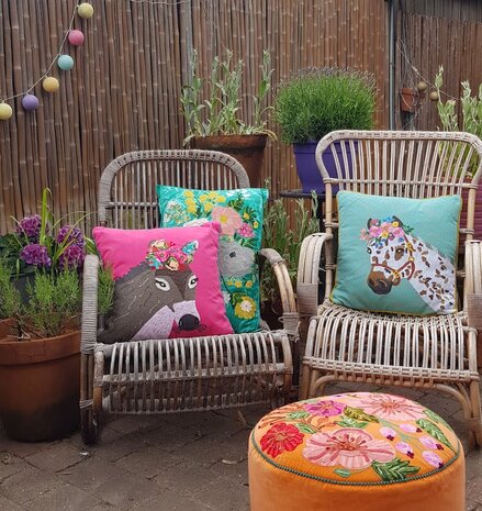 Stonewashed velvet cushion with flowers -Aqua-green 40x60