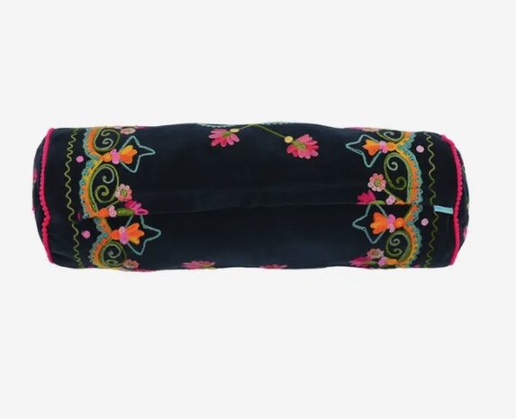 Velvet bolster with embroidered flowers - navy blue 52x18