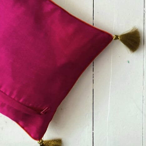 Pink velvet cushion with embroidered flowers and tassels 35x50