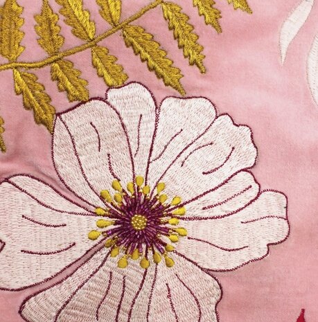 Pink velvet cushion with embroidered flowers and tassels 35x50