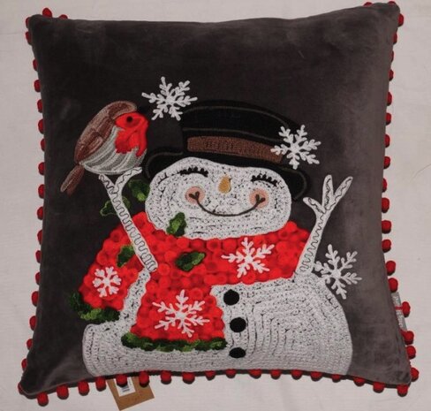 Velvet kussen met sneeuwpop - grijs 45x45