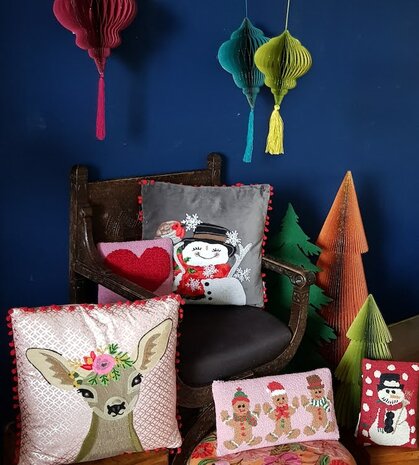 Velvet kussen met sneeuwpop - grijs 45x45