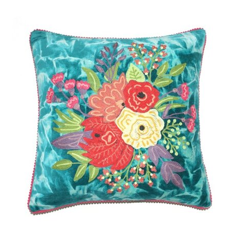Stonewashed velvet cushion with flowers -Petrol blue 45x45