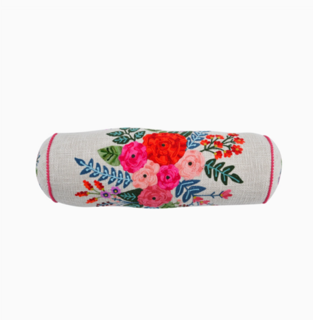 Bolster -  Rolkussen met hand geborduurde bloemen- 50x18 cm