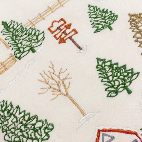 Winter Ski Lodges geborduurd kussen wit detail