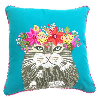 Kat met bloemen - petrol 45x45
