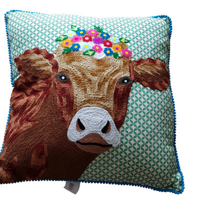 Kussen Koe met bloemen - bruin