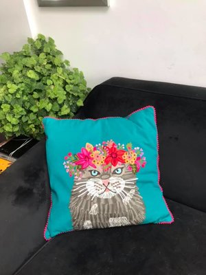 Kat met bloemen - petrol 45x45