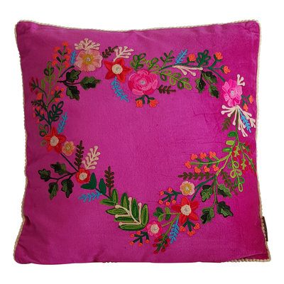 Embroidered flowers in hart shape- hot pink 45x45
