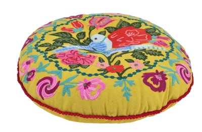 Rond mosterdgeel kussen met bloemen en parkieten - diameter 45cm