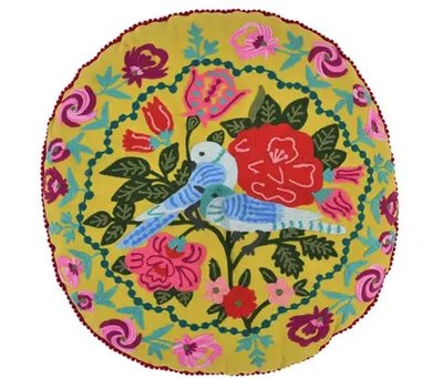 Rond mosterdgeel kussen met bloemen en parkieten - diameter 45cm