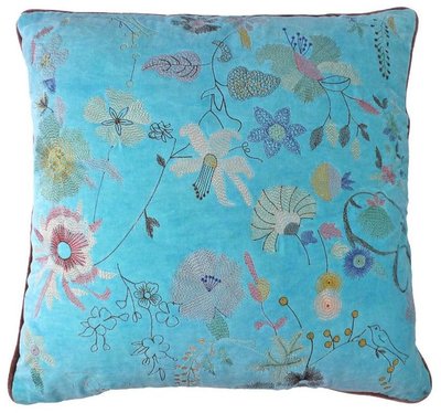 Velvet Kussen met bloemen Mirre- turquoise 50x50