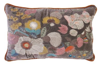 Velvet Kussen met bloemen Mae- grijs 35x50