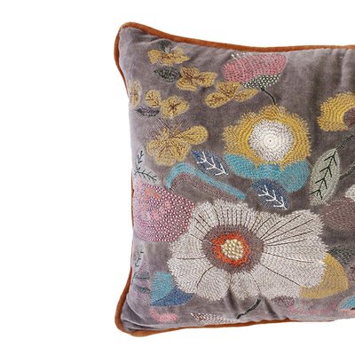 Velvet Kussen met bloemen Mae- grijs 35x50