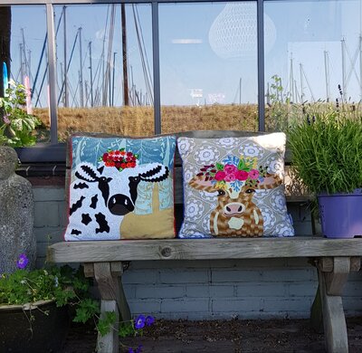 Cushion Cow with flowers  - gray