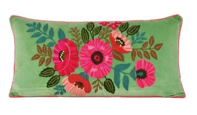 Aqua velvet cushion with pink flowers 35x70