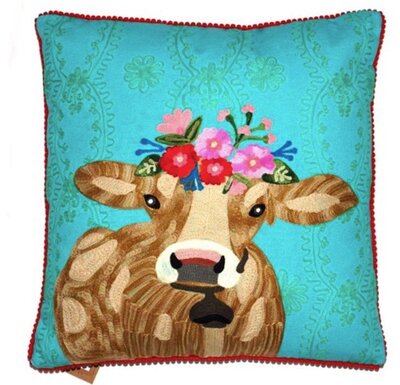 Kussen Koe met bloemen - turquoise