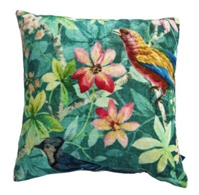 Groen velvet sierkussen met tropische vogel 50x50