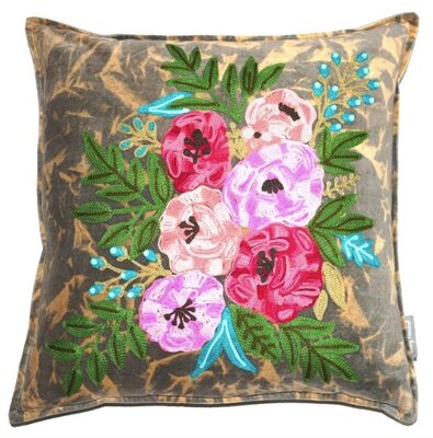 Stonewashed velvet sierkussen met bloemen - Bruin 45x45