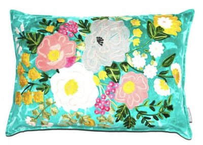 Stonewashed velvet cushion with flowers -Aqua-green 40x60