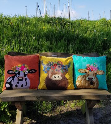 Cushion Cow with flowers  - orange