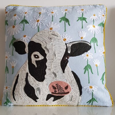 Cushion cow with daisies  - baby blue