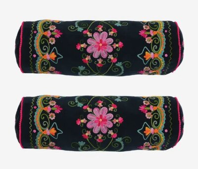 Velvet Bolster met handgeborduurde bloemen - donkerblauw 52x18