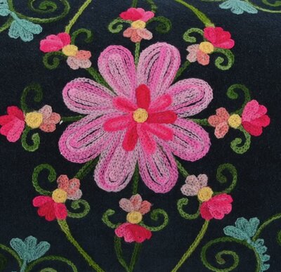 Velvet bolster with embroidered flowers - navy blue 52x18