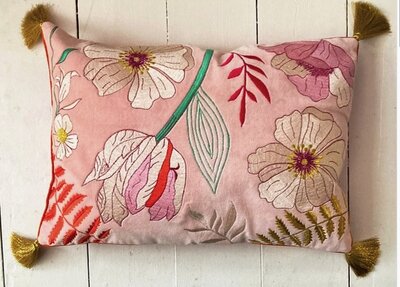 Pink velvet cushion with embroidered flowers and tassels 35x50