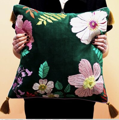 Green velvet cushion with embroidered flowers and tassels 45x45