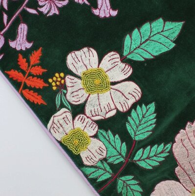 Green velvet cushion with embroidered flowers and tassels 45x45