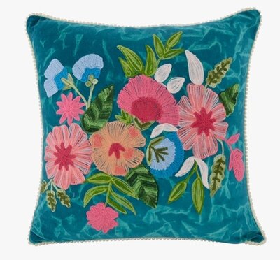Stonewashed velvet sierkussen met bloemen - Teal 45x45