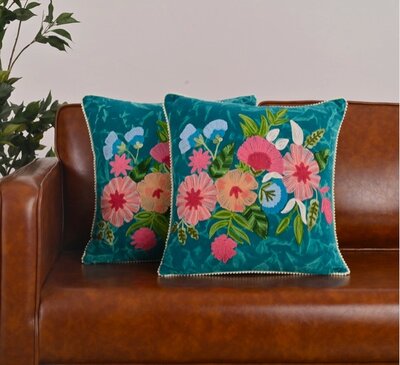 Stonewashed velvet sierkussen met bloemen - Teal 45x45