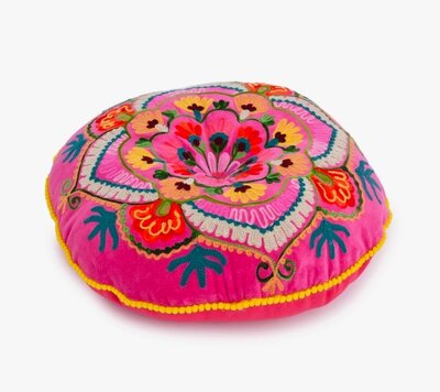 Round velvet cushion with flowers - 40 cm Hot Pink