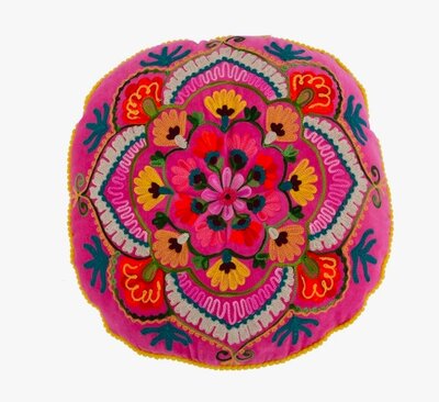 Round velvet cushion with flowers - 40 cm Hot Pink