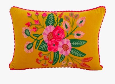Velvet sierkussen met bloemen - Geel 30x50