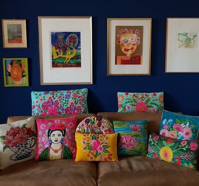 Aqua canvas cushion with flowers - 35x70