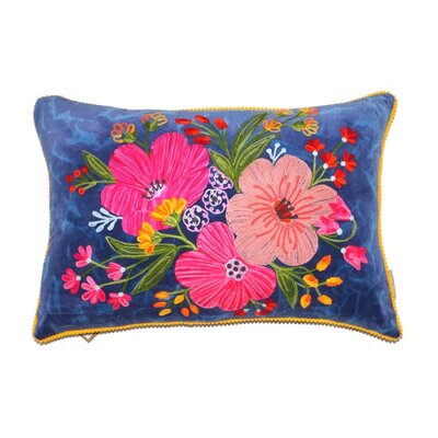 Stonewashed velvet cushion with flowers -navy blue 40X60