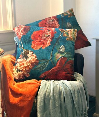 Velvet Cushion petrol with flowers 50x50 cm