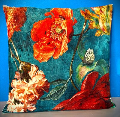 Velvet Cushion petrol with flowers 50x50 cm