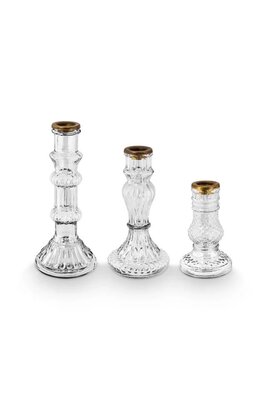  Set of 3 clear glass candlesticks with relief.