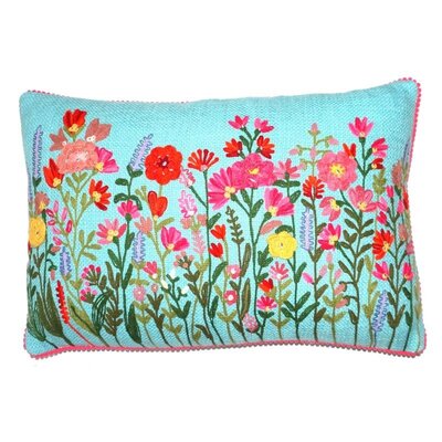Light blue hand-woven decorative cushion with flowers 40x60