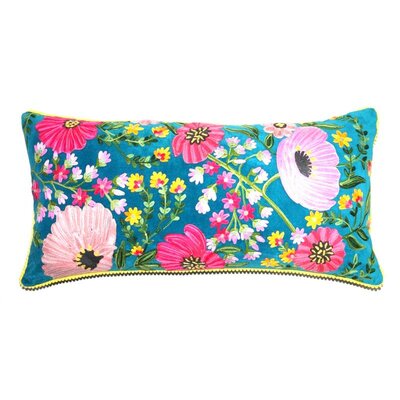 Turquoise velvet cushion with hand-embroidered pink flowers 35x70