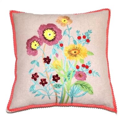 Cotton cushion wild flowers red crocheted trim 45x45 cm