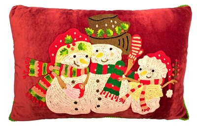 Bordeaux red velvet cushion with snowmen